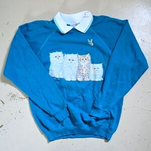 Vintage Kitty Teal Blue Raglan Collar Sweatshirt Size XL Women's